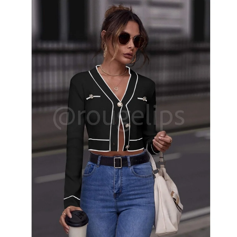 Black Cropped Cardigan Contrast White Binding Button Front - Picture 6 of 7